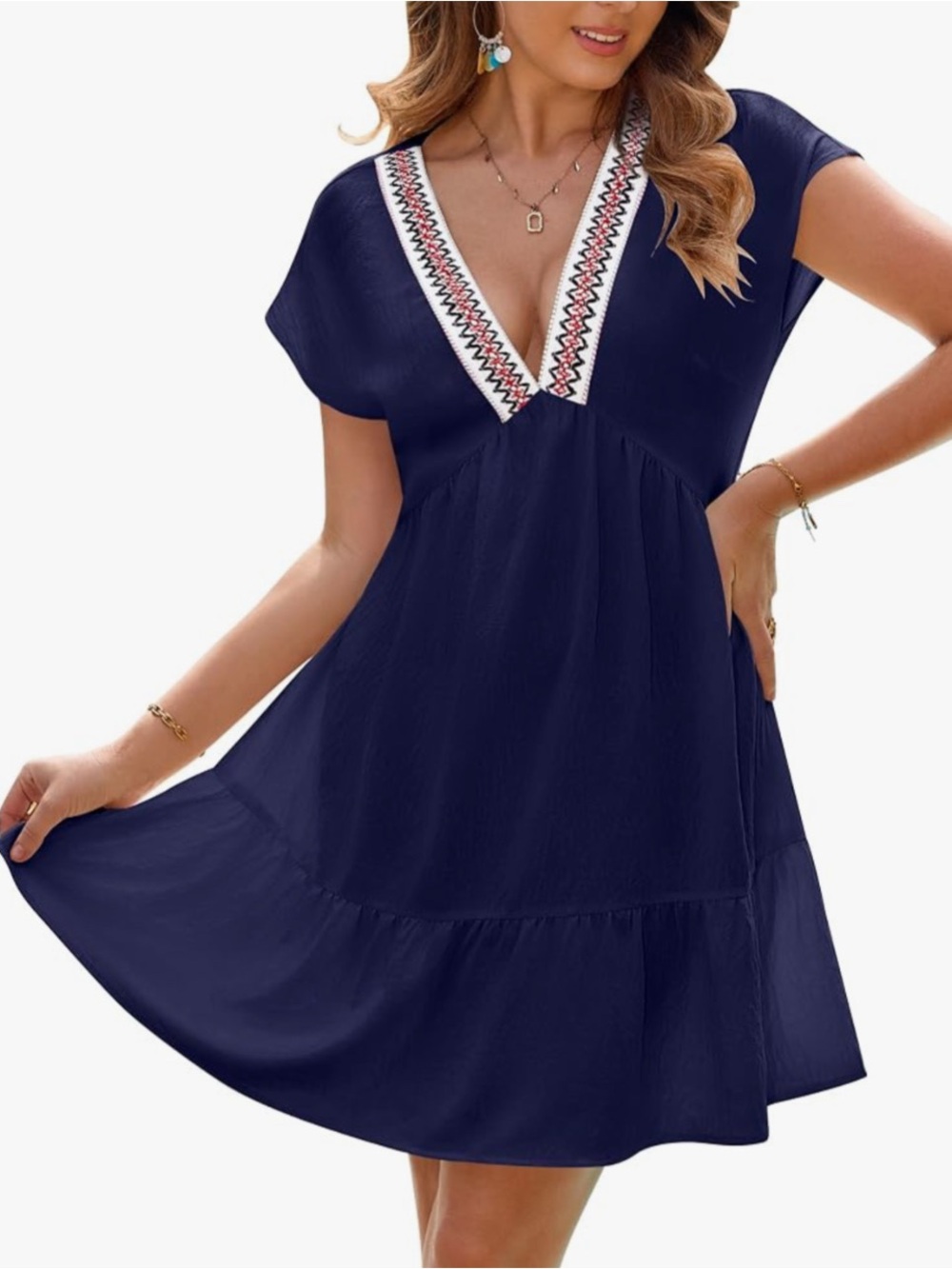 BMJL Navy Blue Sleeveless Embroidered V Neck Swimsuit Coverup